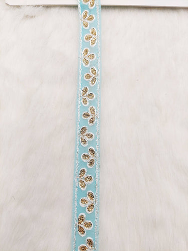 Wholesale Sky Blue Net Lace Floral Embroidery & Glitter Gold Sequins, Indian Wedding Border, Gifting Ribbon Costume Trim Fashion Trimming